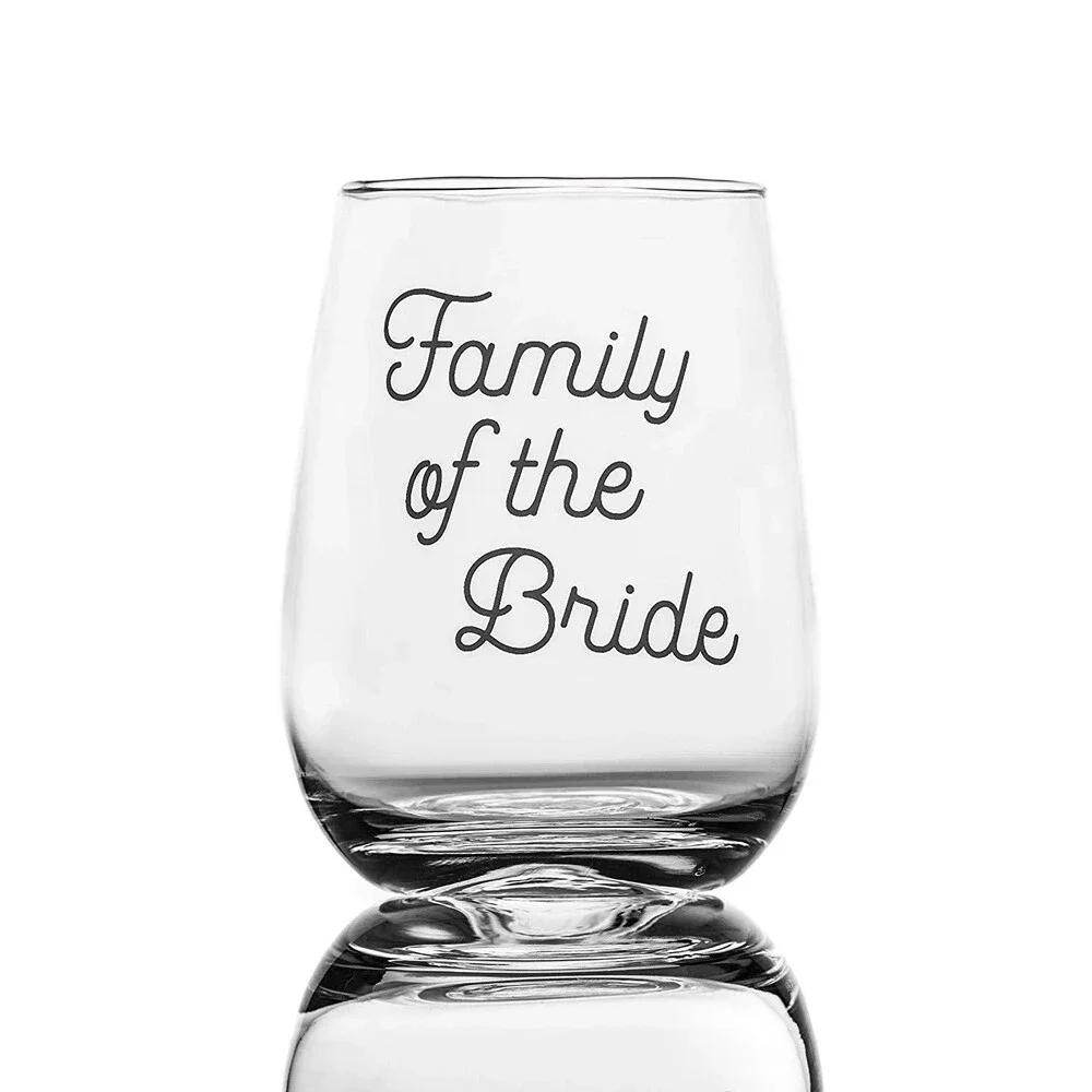 4 Pack Wedding Wine Glasses w/Decal “Family of the Bride” “Family of the Groom”